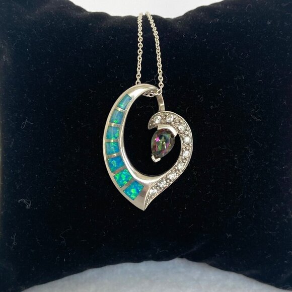 Sterling Silver 925 5☆ Mystic Quartz & Blue Gilson Opal Pendant Necklace 18" - Picture 3 of 16